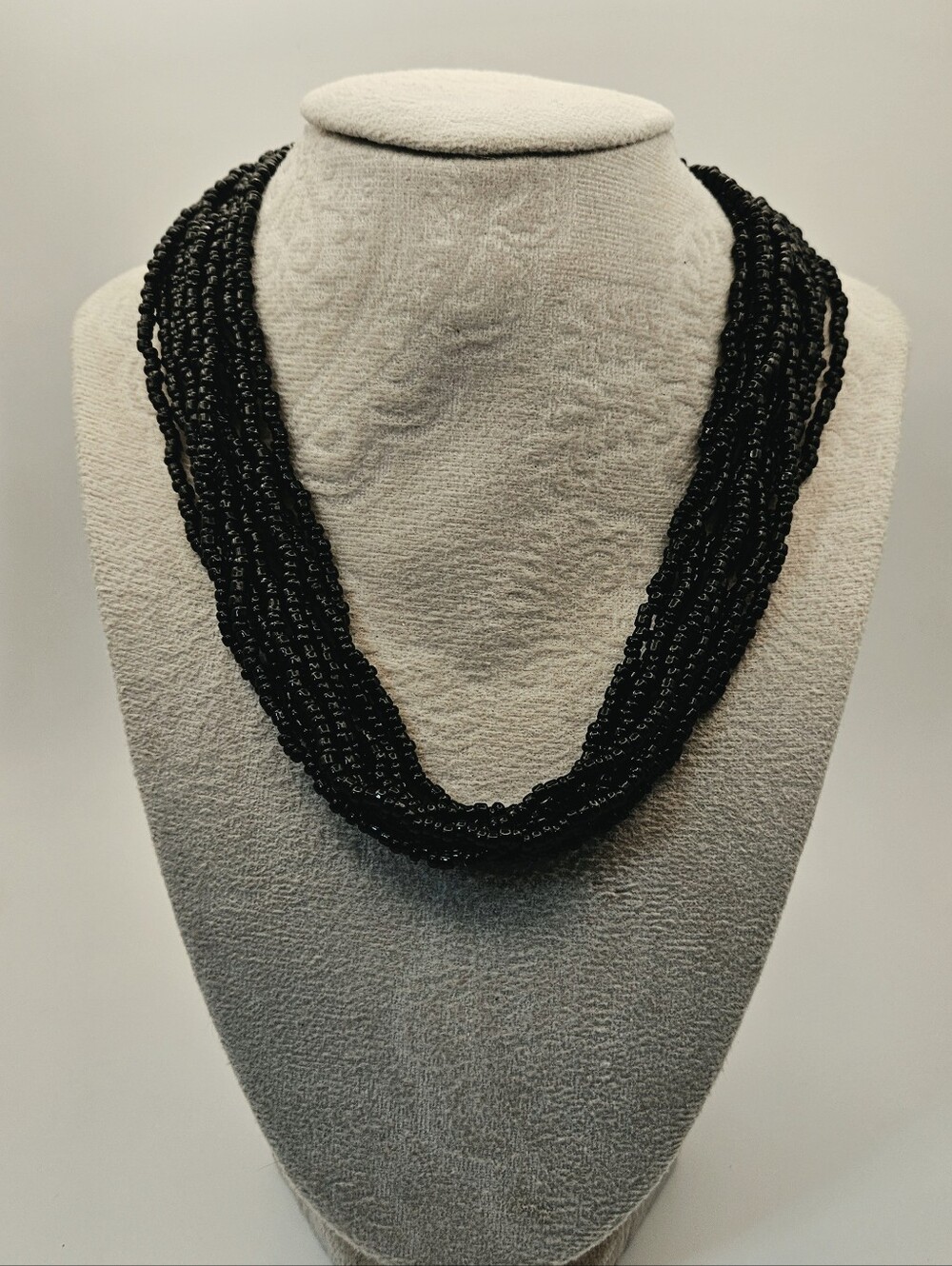 Vintage Trifari Black Seed Bead Multi Strand  Necklace Gold Tone Clasp